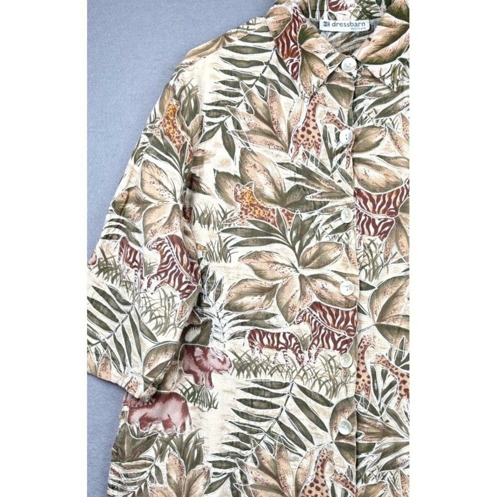 Dressbarn Shirt Womens 1X Linen Cotton Safari Animal Print Embroidered